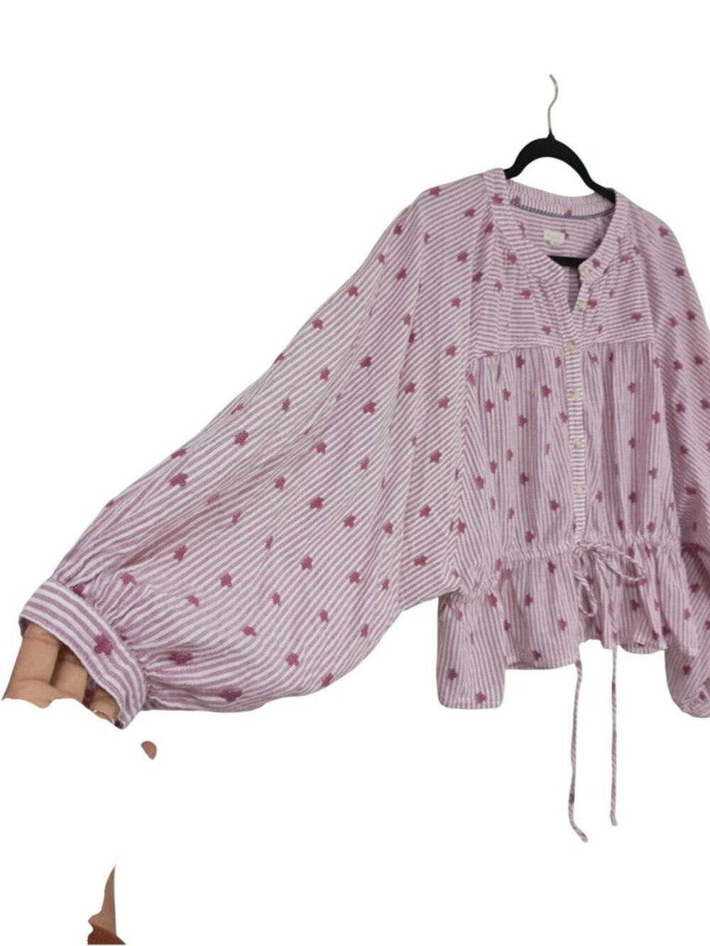 Pilcro Pink Striped & Embroidered Cotton Button-Down Peasant Blouse XL - Picture 6 of 10